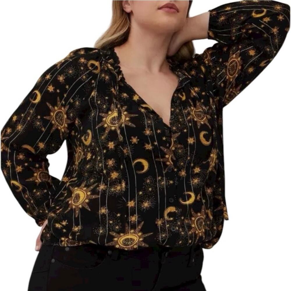 Torrid Solar Blouse Black Yellow Gold Women's 3X Celestial Whimsigoth Sun Moon